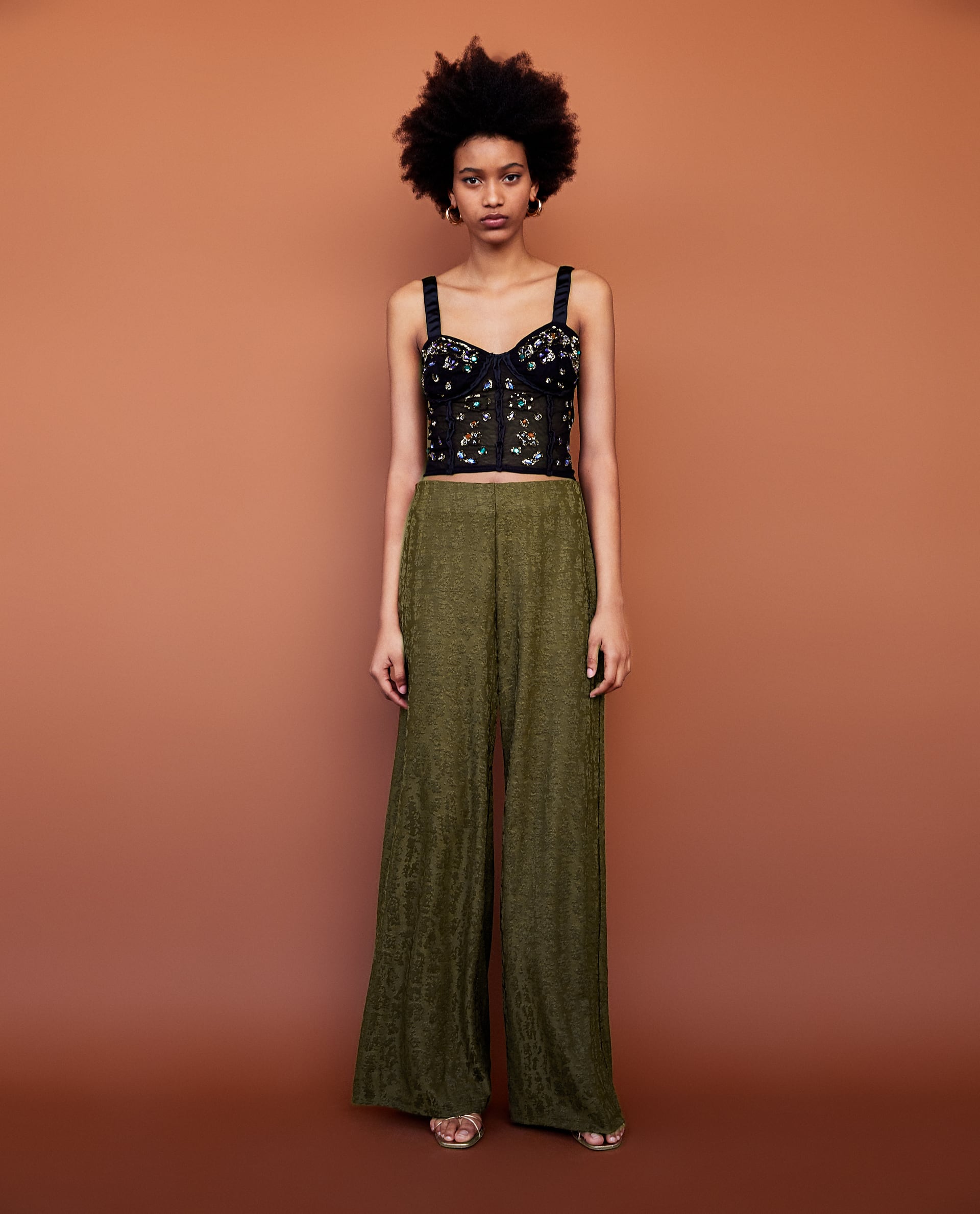 ZARA Bejeweled Bustier Top Wide Leg Pants – Broke and Beautiful